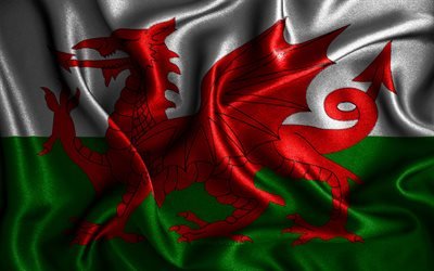 Walesisk flagga, 4k, v&#229;giga sidenflaggor, europeiska l&#228;nder, nationella symboler, Wales flagga, tygflaggor, 3D-konst, Wales, Europa, Wales 3D-flagga