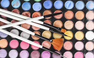 maquillage, cosm&#233;tiques, diff&#233;rentes couleurs de poudre, concepts de maquillage, pinceau de maquillage, poudre