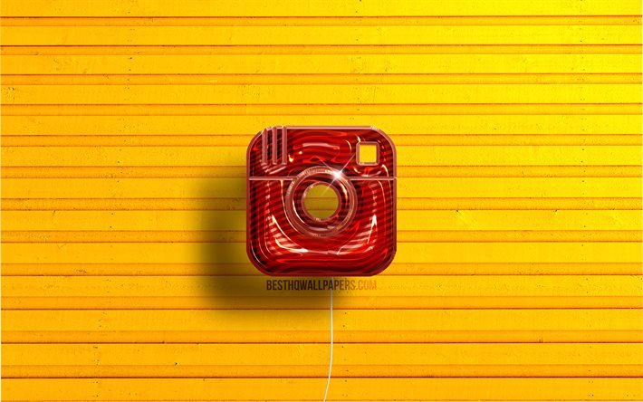 Instagram logo, 4K, red realistic balloons, social network, Instagram 3D logo, yellow wooden backgrounds, Instagram