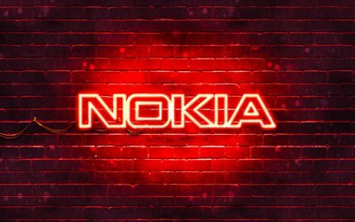 Nokia kırmızı logosu, 4k, kırmızı brickwall, Nokia logosu, resmi, Nokia neon logosu, Nokia