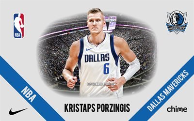 Kristaps Porzingis, Dallas Mavericks, Latvian Basketball Player, NBA, portrait, USA, basketball, American Airlines Center, Dallas Mavericks logo