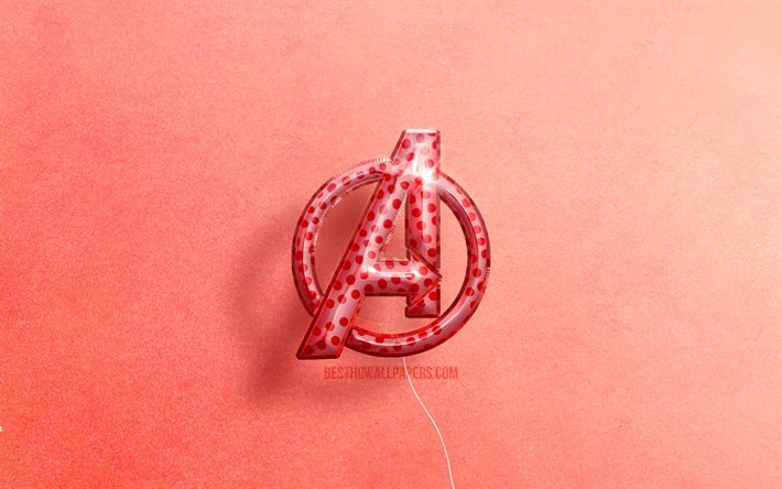 4k, logo 3D Avengers, illustrations, super-h&#233;ros, ballons r&#233;alistes roses, logo Avengers, arri&#232;re-plans roses, Avengers