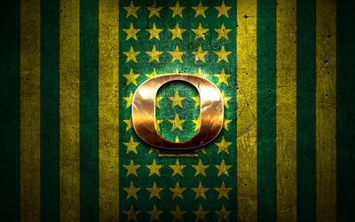 Oregon Ducks bayrağı, NCAA, yeşil sarı metal arka plan, amerikan futbol takımı, Oregon Ducks logosu, ABD, amerikan futbolu, altın logo, Oregon Ducks