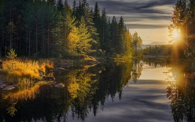 river, autumn, sunset, autumn landscape