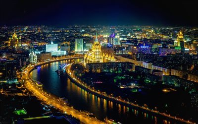 Moscovo, R&#250;ssia, noite, Rio de moscovo, luzes da cidade
