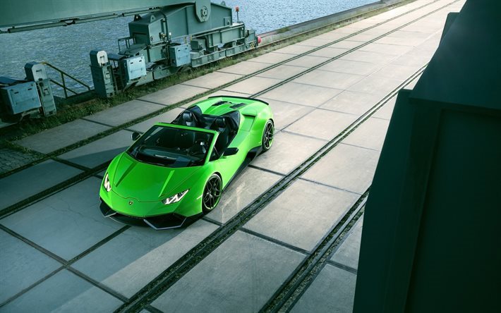 Lamborghini Huracan Spyder, supercars, 2016, faros, Novitec Torado, el puerto, la optimizaci&#243;n, el verde de huracan