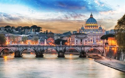 Rome, St Peters Basilica, Italy, bridge, river Tiber