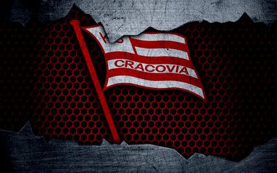 Cracovia, 4k, logo, Ekstraklasa, futebol, clube de futebol, grunge, arte, textura de metal, Cracovia FC