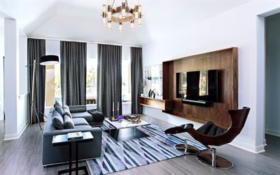 modern design, living room, modern interior, white walls, gray furniture