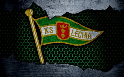 Lechia, 4k, logo, Ekstraklasa, soccer, football club, Poland, grunge, Lechia Gdansk, metal texture, Lechia FC