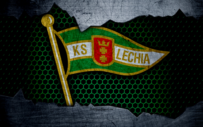 Lechia, 4k, logotyp, Ekstraklasa, fotboll, football club, Polen, grunge, Legia Gdansk, metall textur, Lechia FC