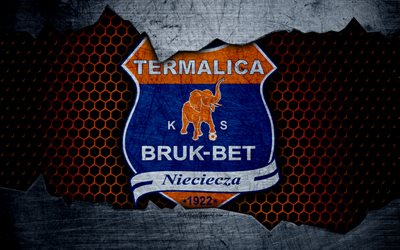 Bruk-Bet Termalica, 4k, logo, premier league, soccer, football, club, Turkey, grunge, Bruk-Bet Termalica for friday, metal texture, Bruk-Bet Termalica FC