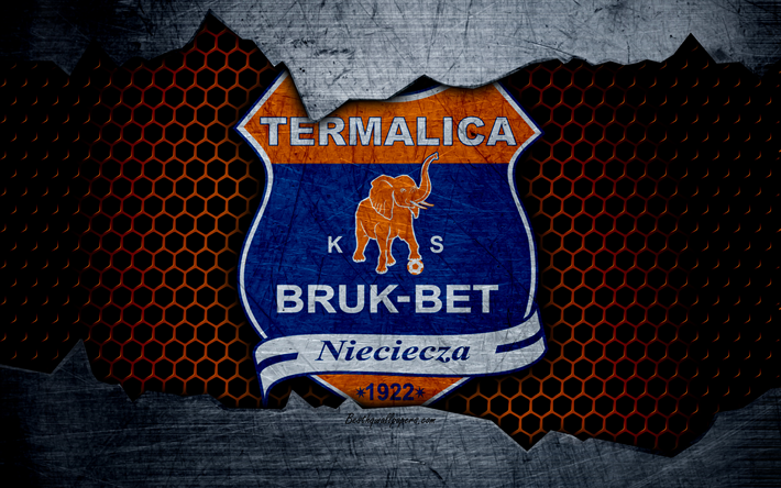Bruk-Bet Termalica, 4k, logo, premier league, soccer, football club, Russia, grunge, Bruk-Bet Termalica Nieciecza, metal texture, Bruk-Bet Termalica FC