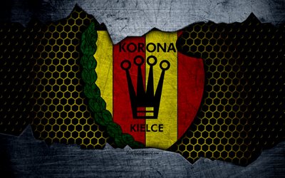 Korona, 4k, logo, Ekstraklasa, soccer, football club, Poland, grunge, Korona Kielce, metal texture, Korona FC
