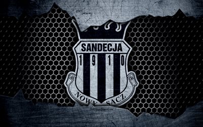 Sandecja, 4k, logotyp, Ekstraklasa, fotboll, football club, grunge, Sandecja Nowy Sącz, metall textur, Sandecja FC