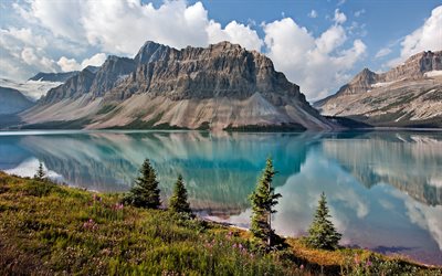 Bow Lake, Alberta, 4k, glacial lake, mountain lake, mountain landscape, Banff National Park, Canada