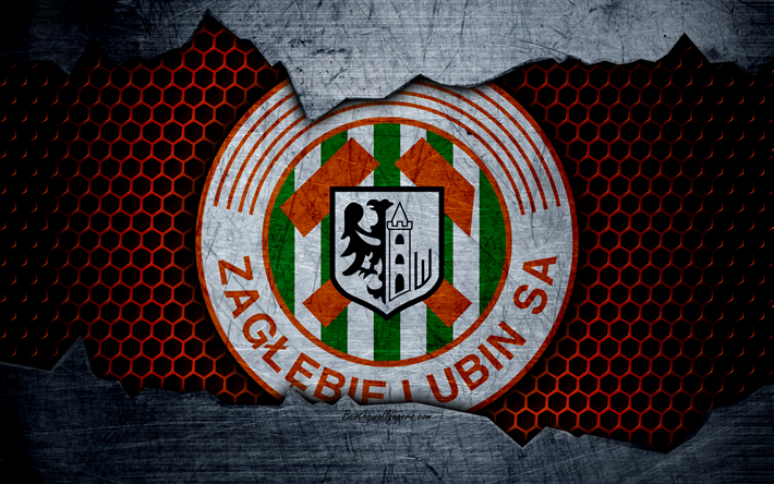 Zaglebie, 4k, logo, Ekstraklasa, soccer, football club, Poland, grunge, Zaglebie Lubin, metal texture, Zaglebie FC