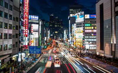 Tokyo, 4k, la route, les lumi&#232;res, les paysages nocturnes, Asie, Japon