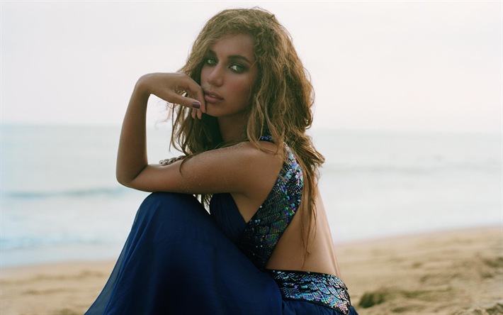 Leona Lewis, 4k, robe bleue, le chanteur Britannique, le jeune chanteur, gagnant de la Voix, de belle jeune femme