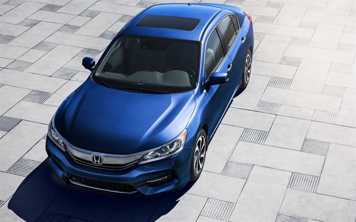 2018, Honda Accord, 4k, azul Acuerdo, la parte superior de la vista, de nuevo, los coches Japoneses, Honda