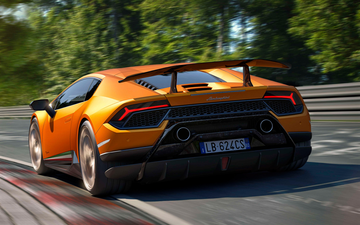 Lamborghini Huracan, 2018, 4k, vista posterior, naranja Huracan, supercar, el coche deportivo italiano, Lamborghini