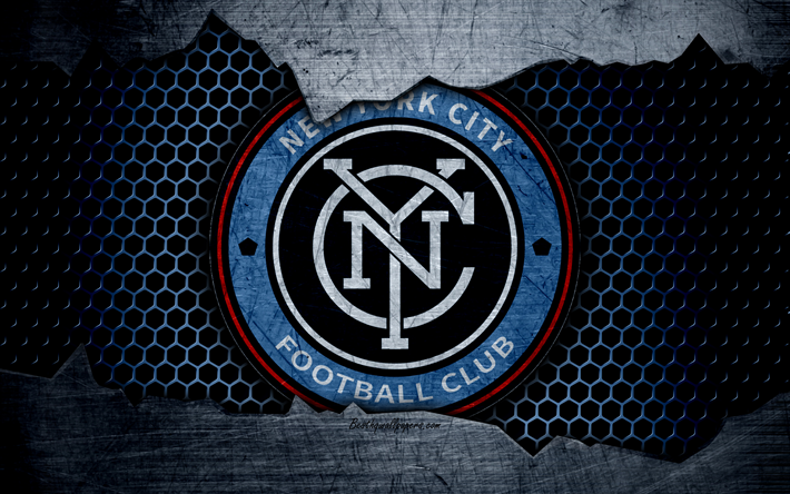 FC da Cidade de Nova York, 4k, logo, MLS, futebol, Confer&#234;ncia Leste, clube de futebol, EUA, grunge, textura de metal, New York City FC