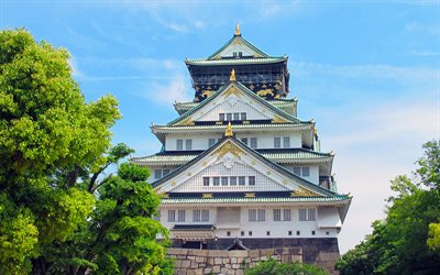 قلعة أوساكا, 4k, الصيف, اليابانية المعالم, اليابان, أوساكا, آسيا