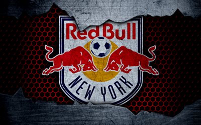 New York Red Bulls, 4k, logotyp, MLS, fotboll, Eastern Conference, football club, USA, grunge, metall textur, New York Red Bulls FC