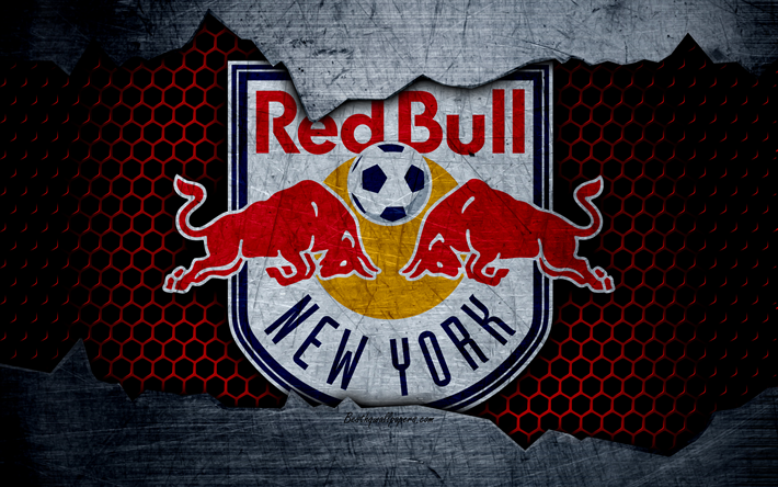 New York Red Bulls, 4k, logo, MLS, futebol, Confer&#234;ncia Leste, clube de futebol, EUA, grunge, textura de metal, New York Red Bulls FC