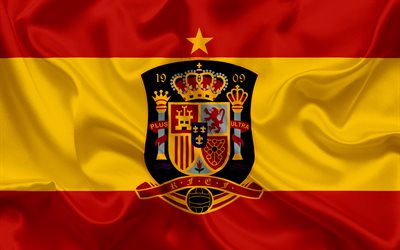 Spain national football team, emblem, logo, football federation, flag, Europe, flag of Spain, football, World Cup
