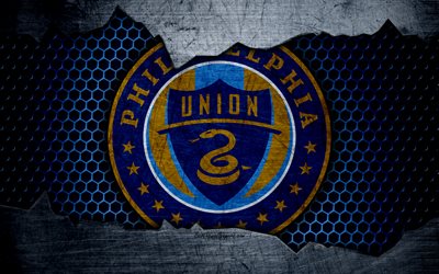 philadelphia union, 4k -, logo -, mls -, fu&#223;ball -, ost-konferenz, fu&#223;ball-club, usa, grunge metall textur, philadelphia union fc