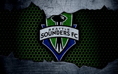 シアトルSounders, 4k, ロゴ, MLS, サッカー, 洋会議, サッカークラブ, 米国, グランジ, 金属の質感, シアトルSounders FC
