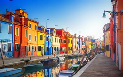 Venice, Italy, urban landscape, sunrise, boat, tourism, travel, canal, colorful houses, Europe