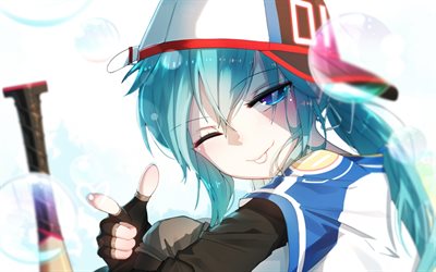 Hatsune Miku, le baseball, le Vocaloid, cheveux bleu, illustration, Miku Hatsune, manga