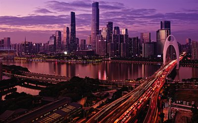 Guangzhou, Pearl River, Guangzhou Uluslararası Finans Merkezi, resimde g&#246;r&#252;len Finans Merkezi, akşam, G&#252;n batımı, g&#246;kdelenler, modern mimari, &#199;in