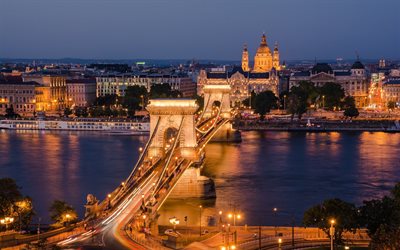 チェーンブリッジ, ブダペスト, 夜, 夕日, 街の灯, ドナウ川, ハンガリー