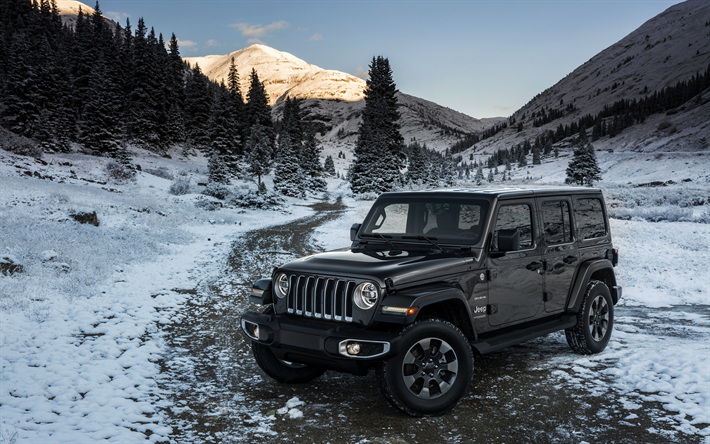 2018, Jeep Wrangler, Sara, cinza SUV, inverno, neve, novo cinza escuro Pe&#227;o, os carros americanos, Jeep