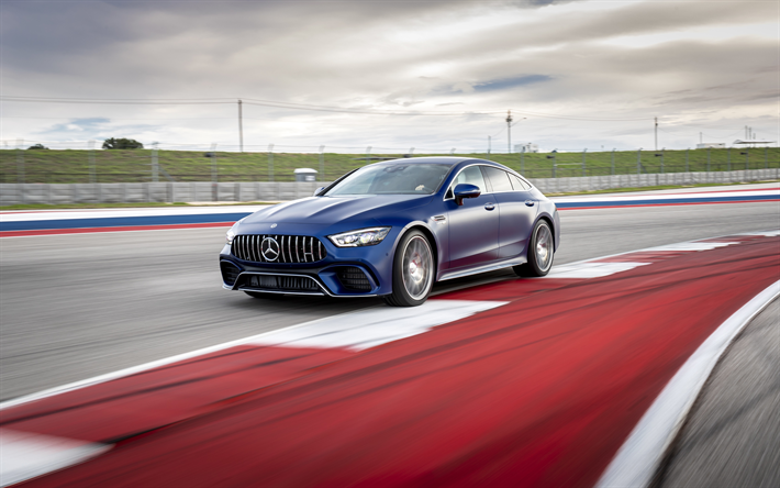 Mercedes-AMG GT 63S 4MATIC, 2019, 4Door-Coupe, front view, racing track, new blue GT 63 S, german cars, Mercedes-Benz