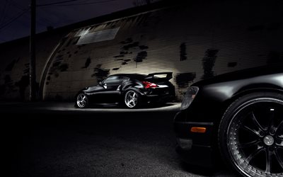 Nissan 370z, gece, ayarlama, duruşu, Japon araba, Nissan, 370z siyah