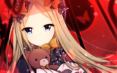 Abigail Williams, teddy bear, Foreigner, Fate Grand Order, toy, blue eyes, TYPE-MOON, artwork, Fate Series