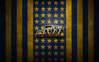 Utah Jazz flag, NBA, blue yellow metal background, american basketball club, Utah Jazz logo, USA, basketball, golden logo, Utah Jazz