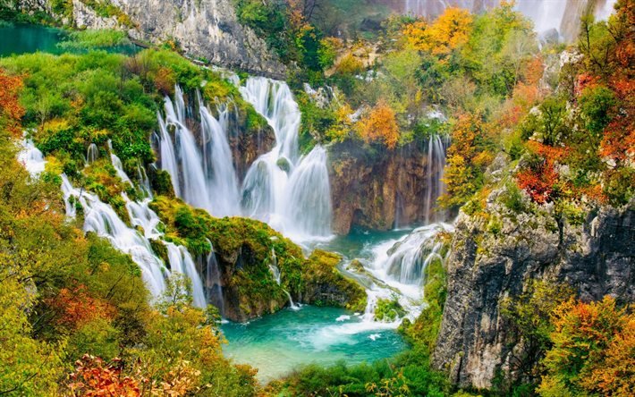 Plitvice Laghi, cascate, laghi, autunno, foresta, paesaggio autunnale, Croazia