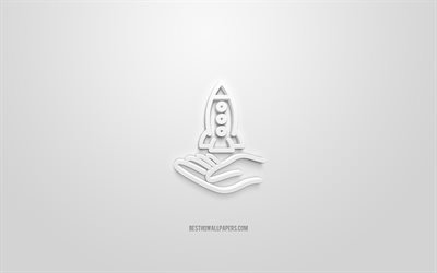 Rocket in hand 3d icon, white background, 3d symbols, Rocket, creative 3d art, 3d icons, Startup sign, Business 3d icons, Startup 3d icon