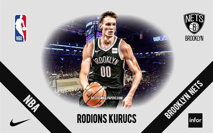 Rodions Kurucs, Brooklyn Nets, joueur de basket-ball letton, NBA, portrait, USA, basket-ball, Barclays Center, logo de Brooklyn Nets