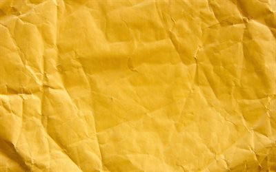sarı buruşuk kağıt, 4K, makro, kağıt arka planlar, buruşuk kağıt dokular, sarı arka planlar
