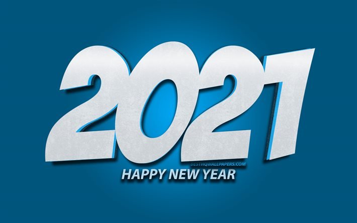 4k, 2021年, 3Dアート, 2021年の白い数字, 2021の概念, 青色の背景に2021, 20213D桁, 2021年の数字, 明けましておめでとうございます