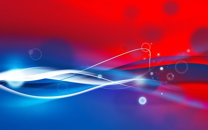 abstract waves, 4k, white neon lights, blue and red background, creative, artwork