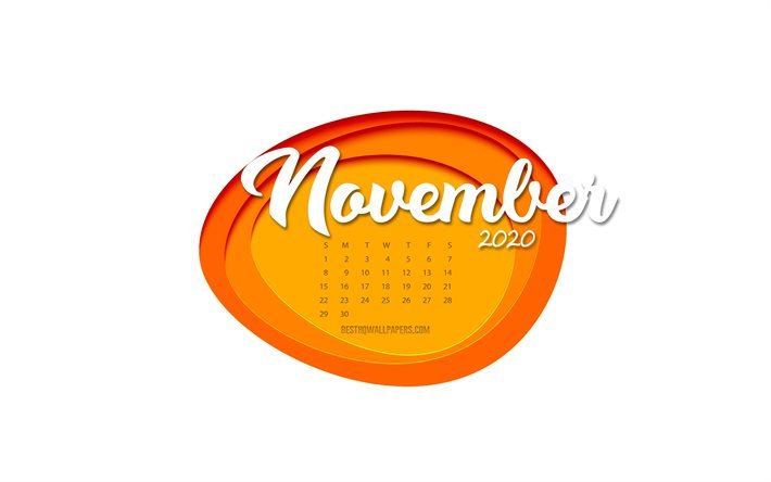 Calendrier de novembre 2020, fond blanc, art papier jaune, calendriers 2020, calendrier novembre 2020, art cr&#233;atif, novembre