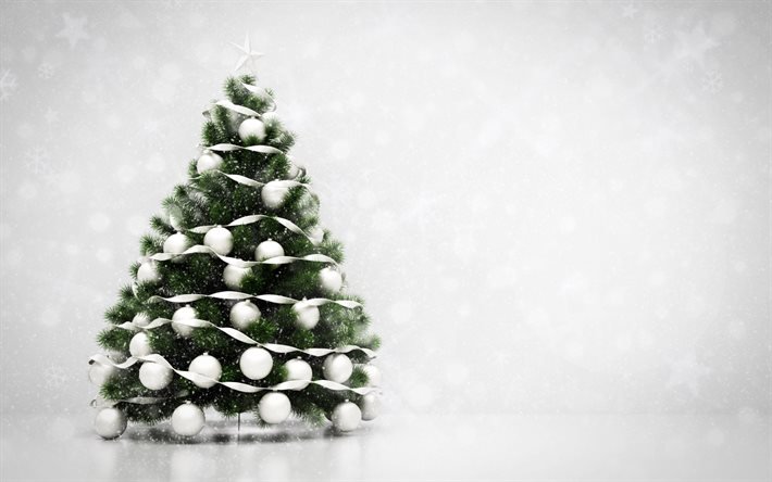 weihnachtsbaum mit wei&#223;en kugeln, neujahr, weihnachten, wei&#223;er schnee, weihnachtshintergrund, weihnachtsbaum