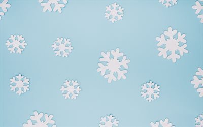 sfondo blu con fiocchi di neve, sfondo blu invernale, fiocchi di neve bianchi, fiocchi di neve di carta